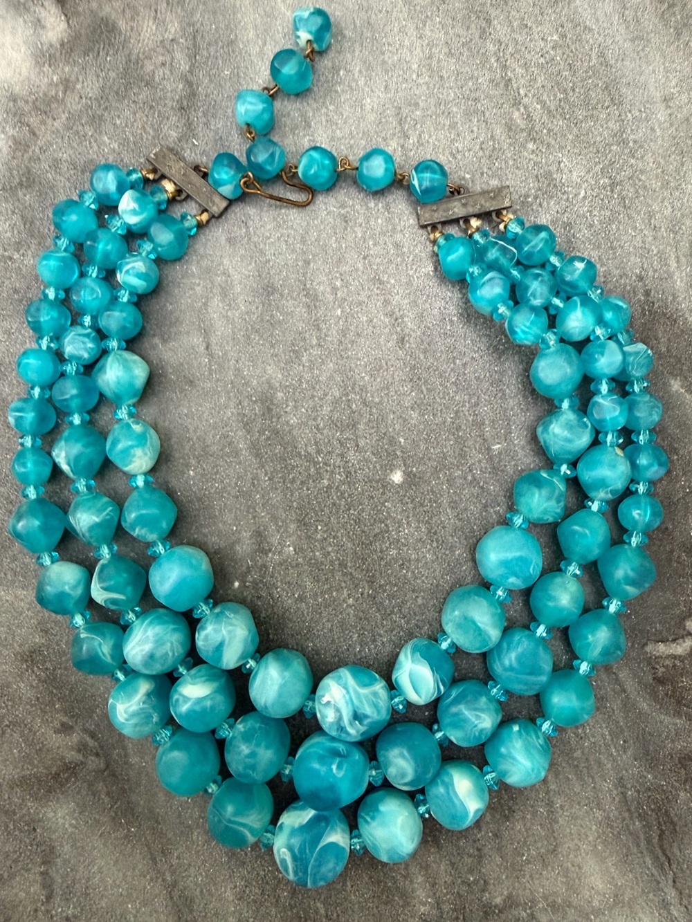 Vintage Aqua Blue Multi-Strand Lucite Bead Necklace
